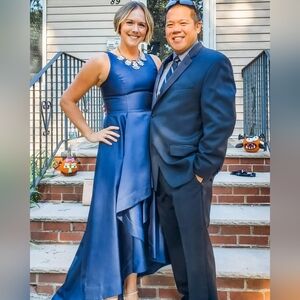 Adrianna Papell navy high low gown